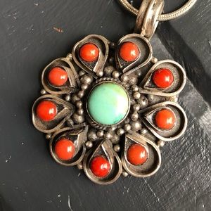 Turquoise and coral sterling pendant